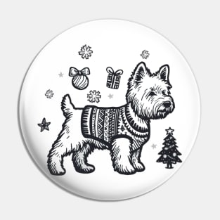 Black and White Westie Christmas Design - West Highland Terrier - Cartoon Dog Holiday Drawing Pin