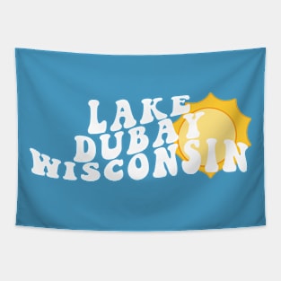 Sunshine in Lake Dubay Wisconsin Retro Wavy 1970s Summer Text Tapestry