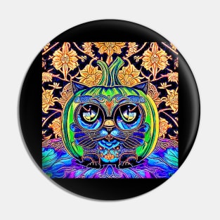 Psychedelic Abstract Black Cat Jack O Lantern Pin