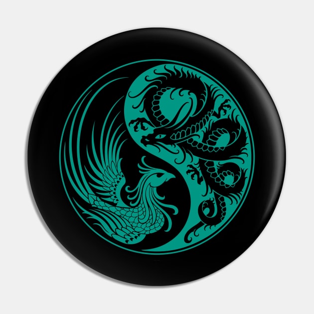 Teal Blue and Black Dragon Phoenix Yin Yang Pin by jeffbartels