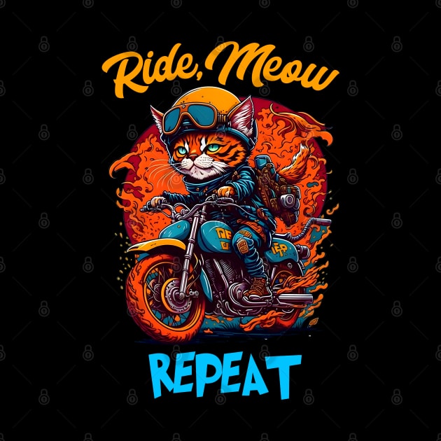 Ride,Meaw Repeat Cat riding bike funny by T-shirt US