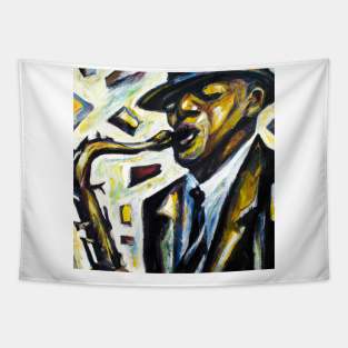 Believe in music - oil painting of saxophonist Tapestry