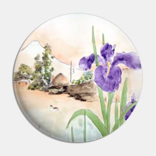 purple iris and Mount Fuji Pin