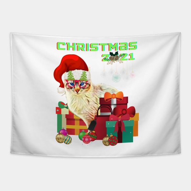 Merry Christmas 2021, Cat with a hat, Christmas gift Tapestry by BeatyinChaos