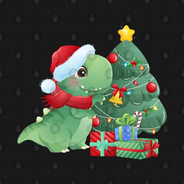 Cute Christmas T Rex Dinosaur With Christmas Tree And Gift Boxes by P-ashion Tee