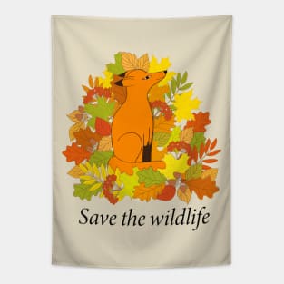 cartoon red fox into autumn foliage Tapestry