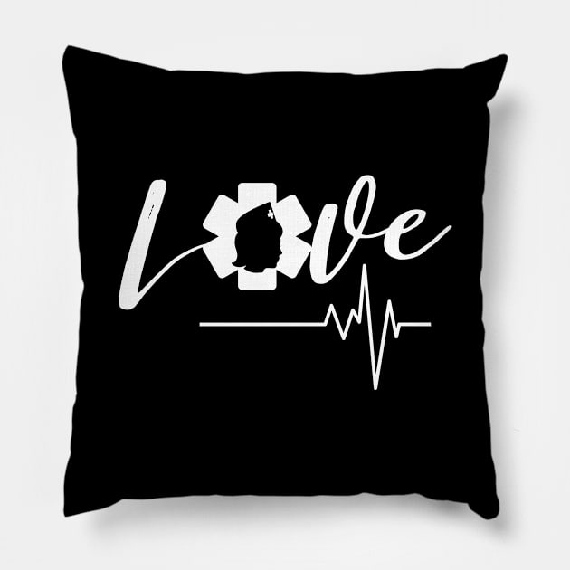 Love Nursing white text design with Nurse star, silhouette and heartbeat Pillow by BlueLightDesign