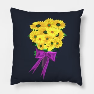 Yellow Sunflowers Bouquet with Purple Ribbon (Navy Blue Background) Pillow