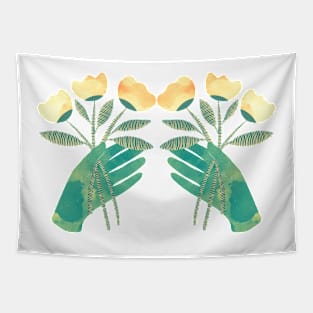 Green hands with yellow flowers Tapestry