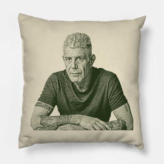 Anthony Bourdain engraving Pillow by fellfreestuffstudio