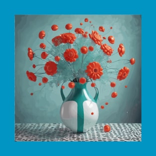 Red Flowers in an Aqua and White Vase T-Shirt