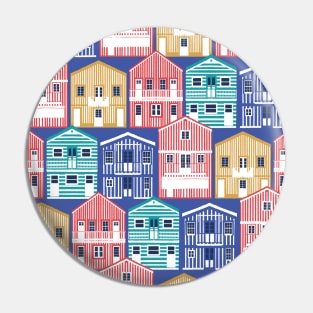 Colourful Portuguese houses // electric blue background yellow red blue and teal Costa Nova inspired houses Pin