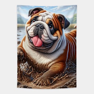 English Bulldog Playing in the Mud Tapestry