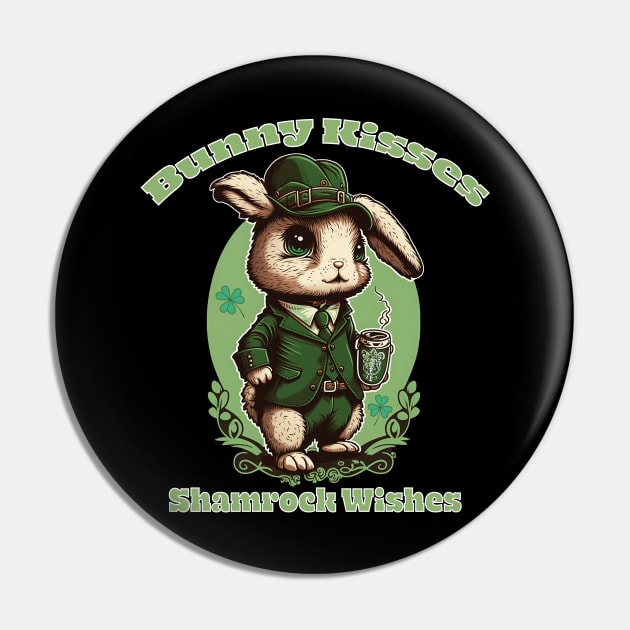 Bunny Kisses Shamrock Wishes - St Patricks Day Bunny Pin by RailoImage