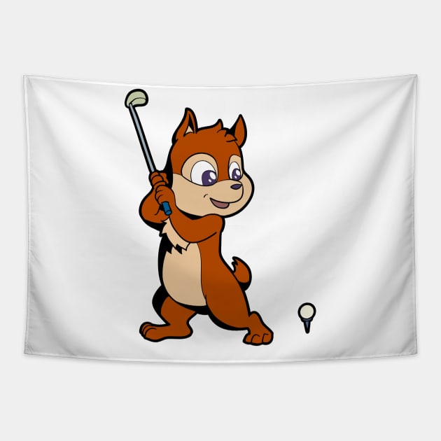 Cartoon chipmunk plays golf - golfer Tapestry by Modern Medieval Design