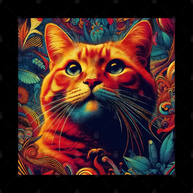 Ginger Cat on Abstract Garden Pattern by TomFrontierArt