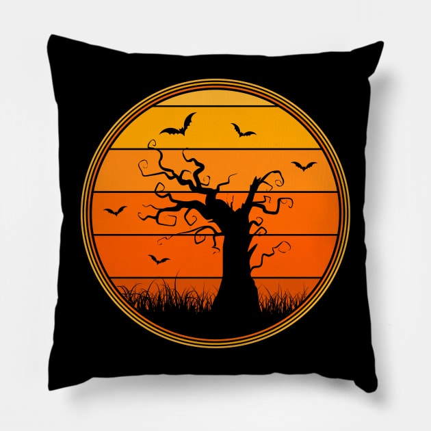 Vintage Style Creepy Tree Halloween Sunset Pillow by guitar75