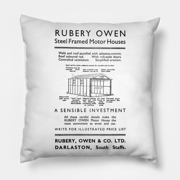 Rubery, Owen & Co. - Steel Framed Motor Houses - 1939 Vintage Advert Pillow by BASlade93