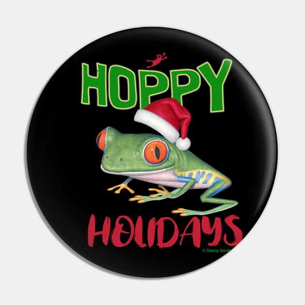 Cute Red Eyed Tree Frog on a Merry Christmas Hoppy Holidays Frog Pin by Danny Gordon Art