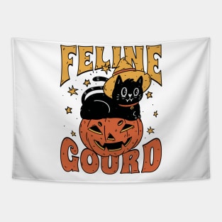 Feline Gourd Funny Halloween Pun Pumpkin Cat Tapestry