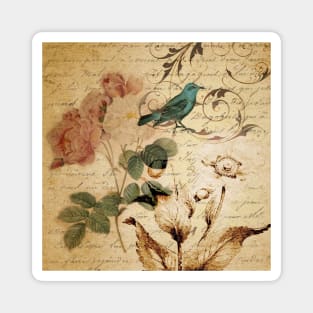 modern vintage rose bird paris french botanical floral art Magnet