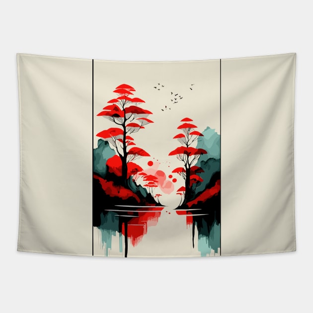 Abstract Watercolor Painting  Rising Sun Bamboo Print Tapestry by NIKA13