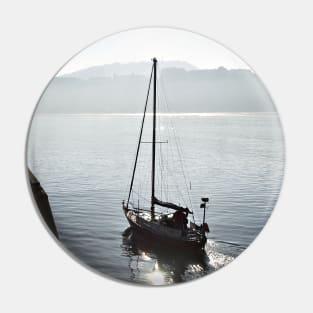 The yacht Ayesha heads out to sea from Scarborough, Yorkshire, UK Pin