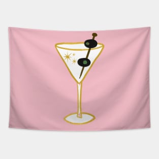 Glam Retro Faux Gold Martini Cocktail Drink Glass With two Black Olives Illustration Tapestry