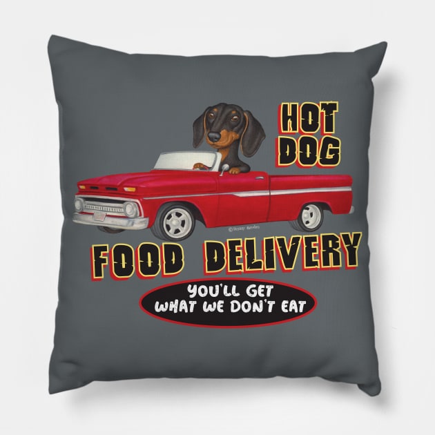 vintage Black Doxie Dachshund in Red Truck having fun Pillow by Danny Gordon Art