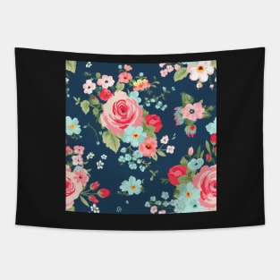 Pink Girly Floral Flowers, Pretty Feminine Pattern on Blue Background Tapestry