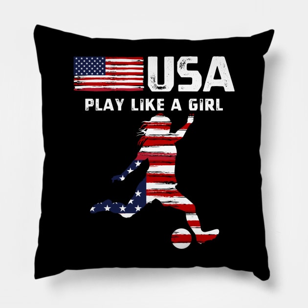 USA Play Like a Girl Soccer Football USA Flag Soccer Girl Pillow by StarMa