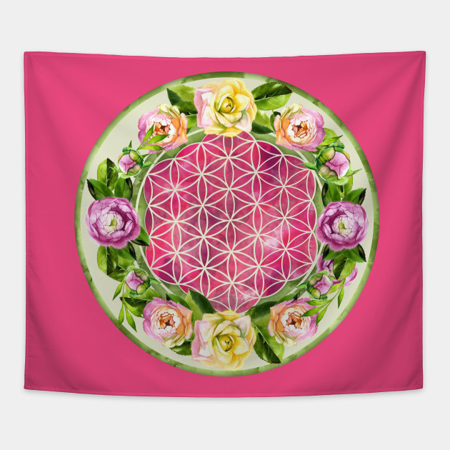 Flower of life in watercolor flower wreath