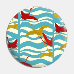 RED YELLOW FLYING CRANES ON WHITE BLUE SEA WAVES Pin