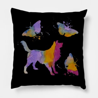 Rough Collie Art With Butterflies, Long Haired, Colorful Dog Art Pillow