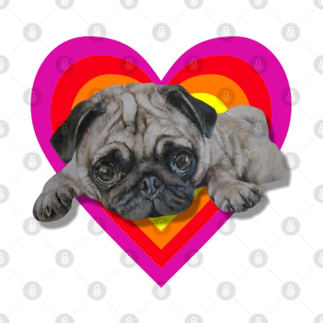 Adorable realistic pug painting on a digital vibrant heart by StudioFluffle