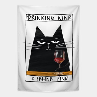 Funny black cat and inscription "Drinking wine" Tapestry