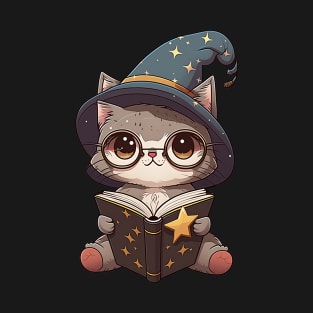 Magical Cat with a Spellbook - Adorable Magic Cat Cartoon T-Shirt