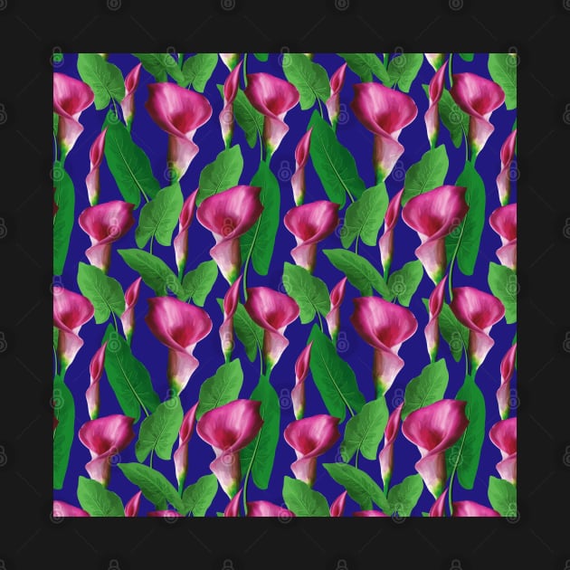 Watercolor Calla Lily Pattern On Blue Background by Designoholic