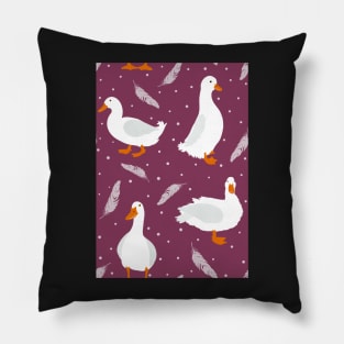 White Pekin Ducks with feathers and dots repeat pattern Pillow