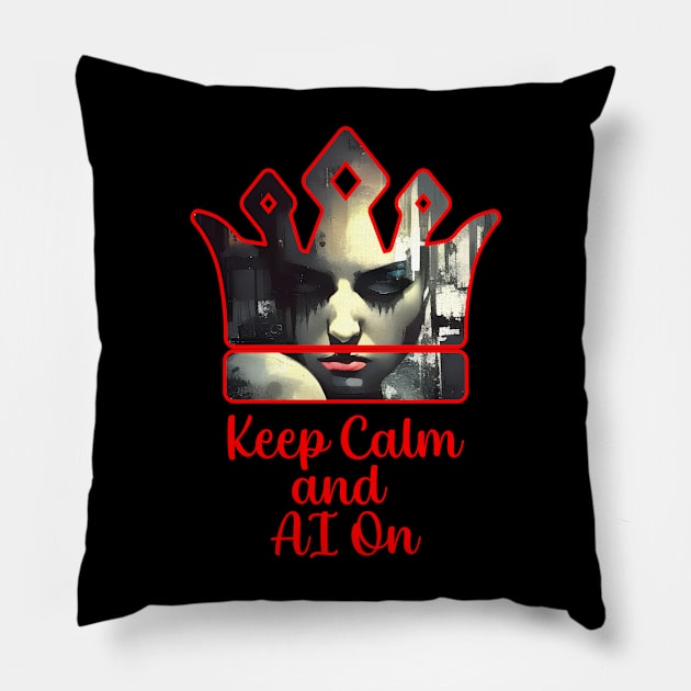 Keep Calm and AI On (Red Outline) Pillow by AI AI Captain