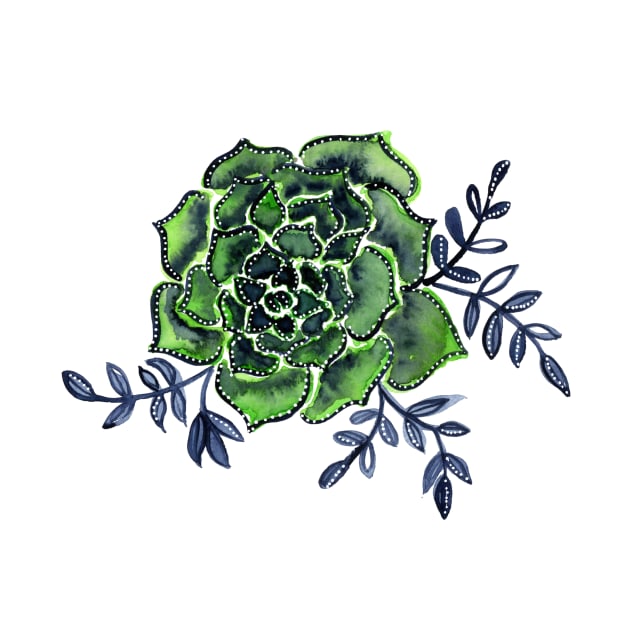 Watercolor houseleek - green and indigo by wackapacka