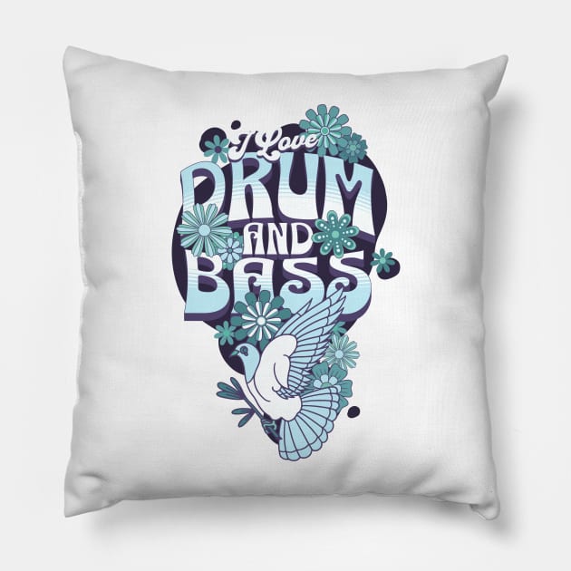 DRUM AND BASS - I Love Retro Bird (blue/eggplant) Pillow by DISCOTHREADZ 