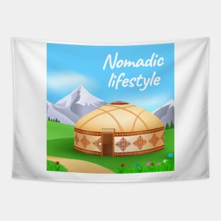 Nomadic lifestyle with yurt and mountains Tapestry