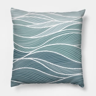 Pine Green Blue Ocean Wave Line Art Pillow
