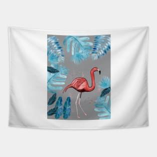 Flamingo with tropical leaves and a gray background Tapestry