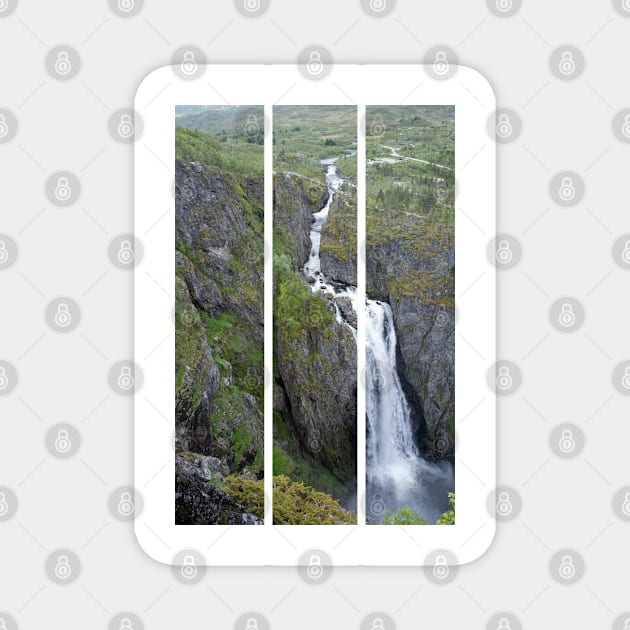 Wonderful landscapes in Norway. Vestland. Beautiful scenery of Voringfossen waterfall in the Mabodalen valley on the Hardanger scenic route. Mountains, trees in background. Cloudy day (vertical) Magnet by fabbroni-art