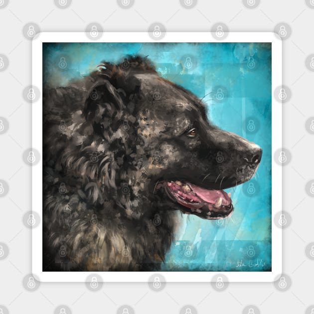 Painting of a Russian Bear Dog on Blue Background Magnet by ibadishi