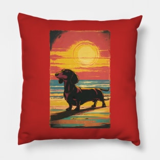 Dachshund Retro Vintage Sunset Pillow