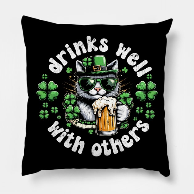 Drinks Well with others funny cat drinking beer St Patrick's day Pillow by RetroPrideArts