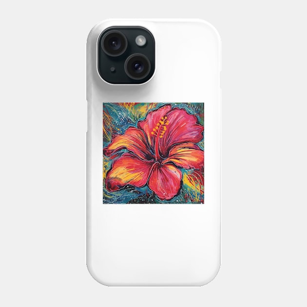 Red and Orange Hibiscus Flower in art brut style Phone Case by EpicFoxArt